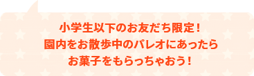 小学生以下のお友だち限定！園内をお散歩中のパレオにあったらお菓子をもらっちゃおう！