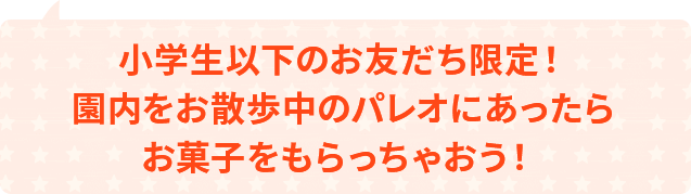 小学生以下のお友だち限定！園内をお散歩中のパレオにあったらお菓子をもらっちゃおう！