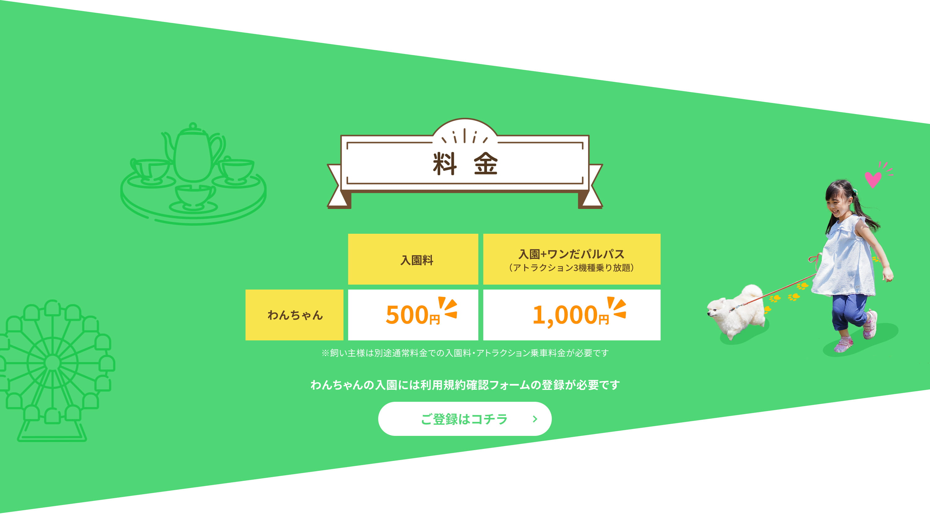 入園料：500円、入園+ワンだパルパス：1,000円